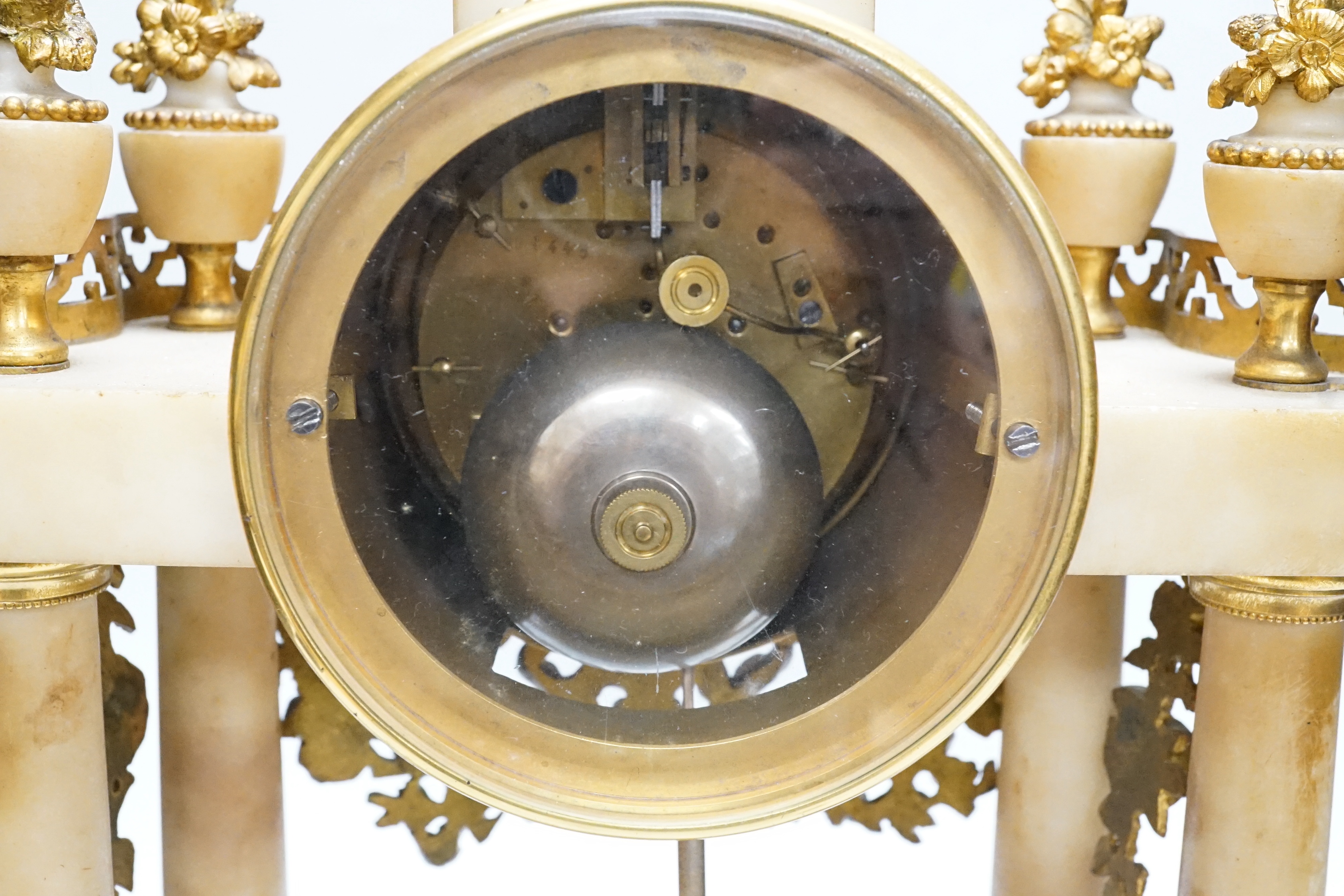 A late 19th century French alabaster and ormolu mounted mantel clock by Le Roy & Fils, key and pendulum, 46cm, NB: From the Estate of Rt Hon Lord Lawson of Blaby